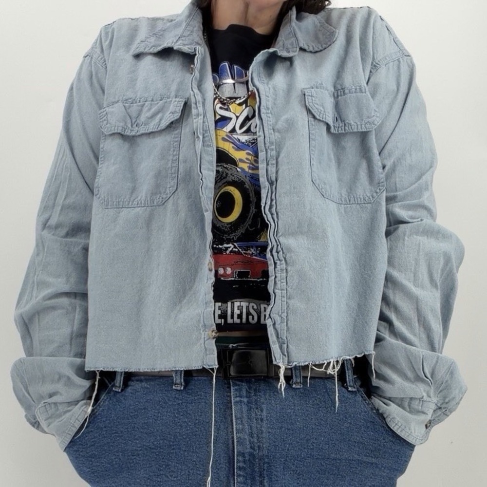 Vintage Wrangler Men's 2X Denim Chambray Western Button Up Shirt Cropped Fringe